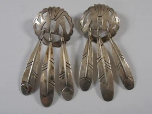 Sterling Silver Concho Native American Feather Etched Dangle Earrings Post Back - Picture 1 of 5