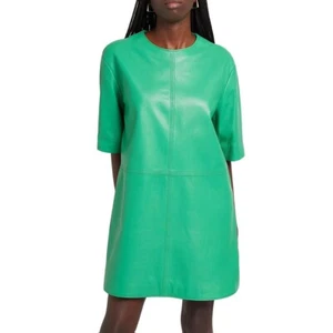 Stylish Black Round Neck Women Genuine Leather Green Dress Minimal Leather Dress - Picture 1 of 6