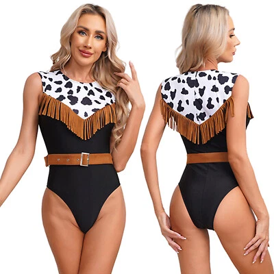 Women Cow Print Fringed Leotard Jumpsuit Halloween Cowgirl Cosplay Fancy Dress - Image 1 of 3
