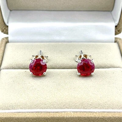 925 Argento Sterling Rubino Orecchini Rotondo Quotidiano Wear Borchie Gift per - Immagine 1 di 4