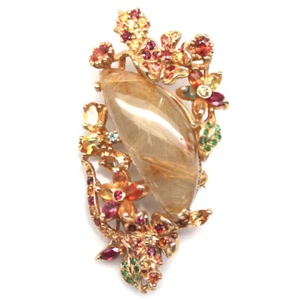 Broche De Cuarzo Rutilado, Zafiro Y Tsavorita De Plata Esterlina 925 Incoloro - Imagen 1 de 4