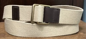 LL Bean Canvas/ Leather Belt Sz 38 1.5”Wide Khaki/Brown Ring Buckle Unisex EUC - Picture 1 of 5