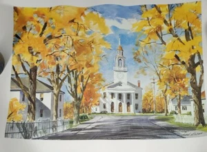 Richard Stevens Aquarell Kirchturm HERBSTBLÄTTER HERBST Wilbraham MA Druck - Bild 1 von 2