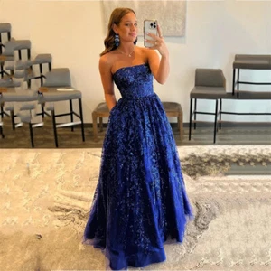 Shiny Lace Blue Prom Dress Gliiter Strapless A-line Zipper Back Floor Length - Picture 1 of 10