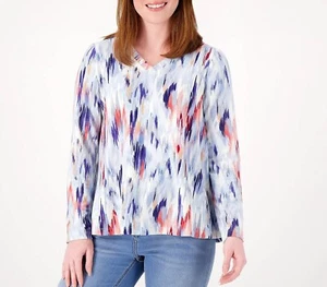 Camiseta deportiva celestial impresa de Denim & Co cuello en V con columpio oscuro índigo L NUEVA A520017 - Imagen 1 de 4