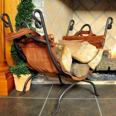 Olde World Iron Log Rack with Leather Firewood Carrier - Image 1 of 4