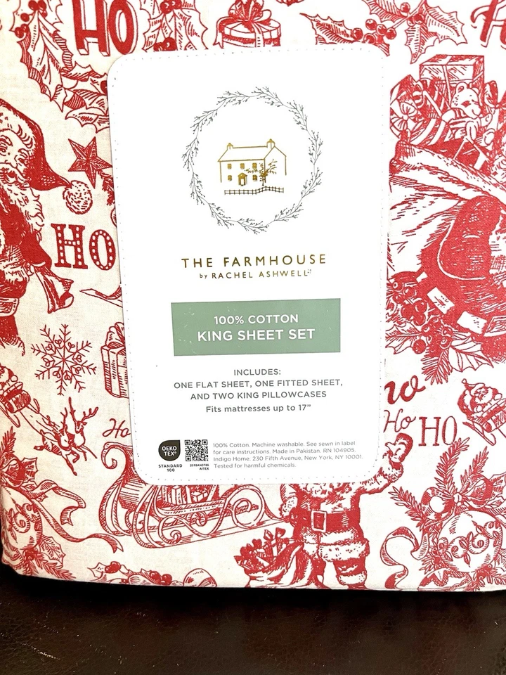 HoHoHo Santa Cotton Christmas 4 Piece King Size Sheet Set The Farmhouse New 2025 - Image 1 of 4