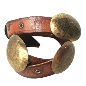 VTG Women Moroccan Leather Concho Medallion Hammered Brass Belt Boho Hippie 38"L - Picture 1 of 14