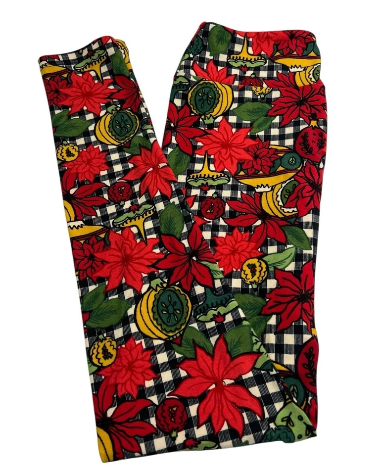 Leggings LuLaRoe OS Talla Única Difíciles de Encontrar Navidad Cuadros Búfalo Flor POINSETTIA Foto 1 de 4