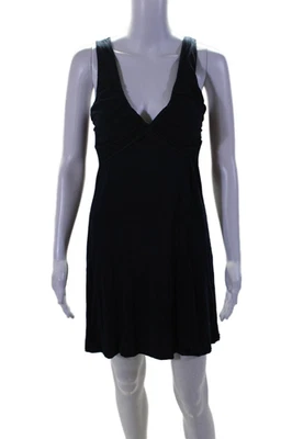 Mini vestido sin mangas de terciopelo para mujer de algodón acanalado con corpiño cuello en V azul talla P Foto 1 de 4