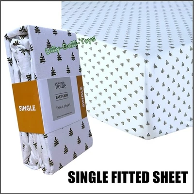 GEORGE HOME White Single Fitted Sheet With Dark Green Leaf Pattern Natural Theme Leaves NEW