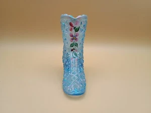 VTG Fenton Boot, Light Blue Iridescent, Hand-painted Flowers, M K. Stewart? - Bild 1 von 11