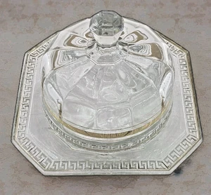 Antique EAPG U.S. Glass Sheraton Greek Key Covered Butter Dish w/ Gold Trim - Picture 1 of 13