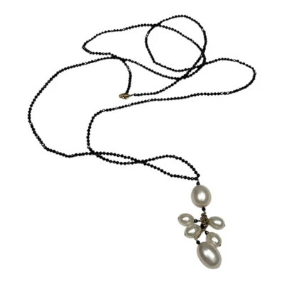 14K Gold Black Spinel Beaded Necklace with Baroque Pearl Pendant - Image 1 of 4