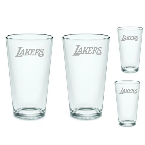 SET Los Angeles Lakers Pint Beer Glasses Etched Tumblers Drinkware Cover