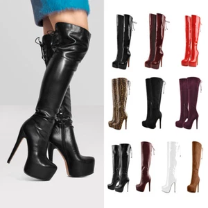 Botas altas a la rodilla para mujer Onlymaker tacón alto plataforma con cordones con cremallera botas para el muslo - Imagen 1 de 59