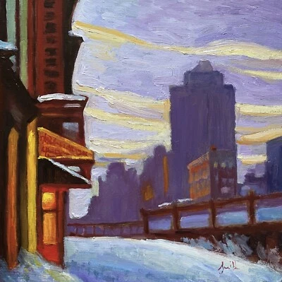 Edward Hopper New York snow style original oil painting, 8x8 inches. J Smith - Image 1 of 4