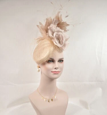 Sinamay w Jumbo Silk Flower Goose and Rooster Feather Flowers Fascinator Hat  - Image 1 of 4