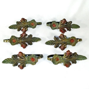 Antique Floral Polychrome Cast Iron Curtain Tie Backs Set of 6 - Picture 1 of 3