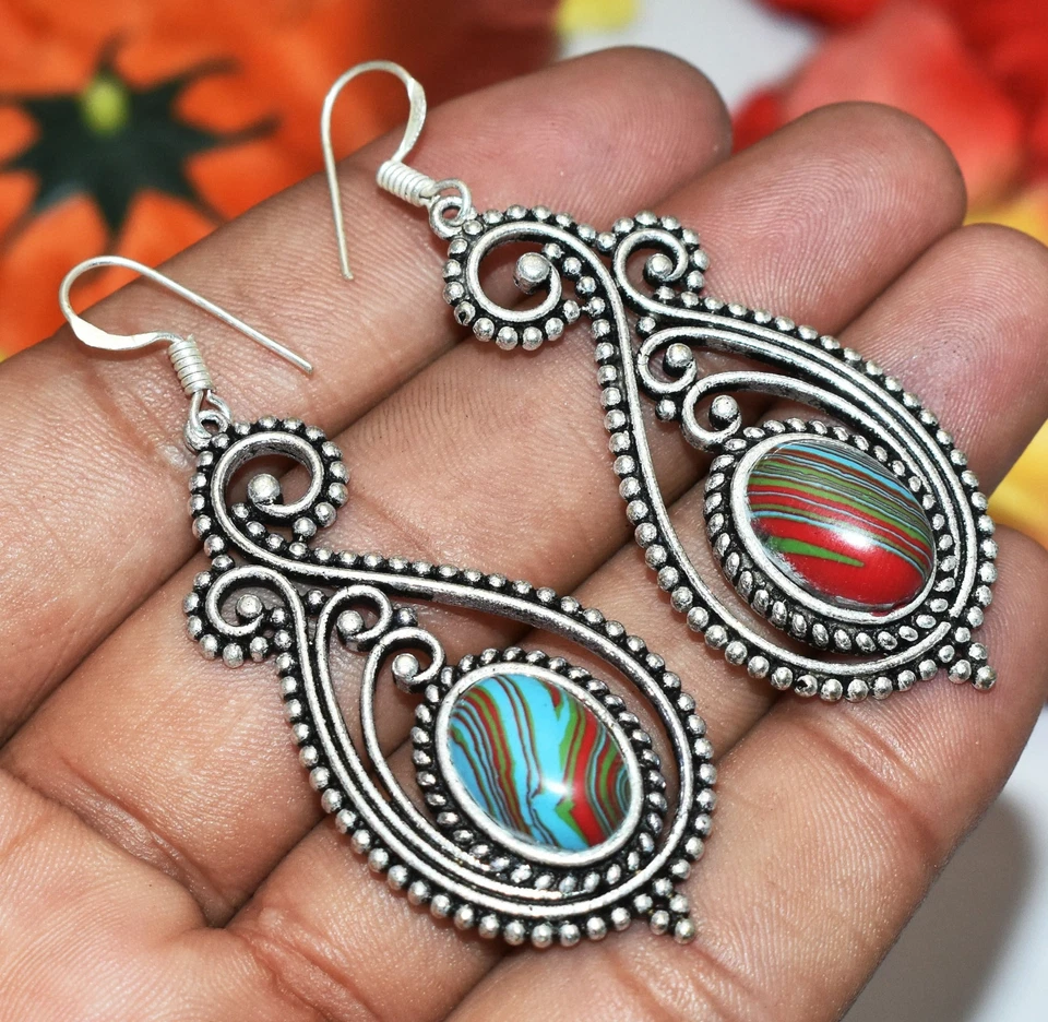 Rainbow Calsilica Gemstone Dangle Earring 925 Sterling Silver Overlay U277-A267 - Image 1 of 1