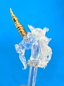 Hand Blown Clear Glass Magic Wand w Unicorn Head on Mirrored Stand 15" Long - Picture 1 of 11