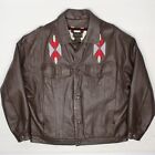 High Noon Mens Leather Jacket L Brown Southwestern Embroidery Flannel Lining 