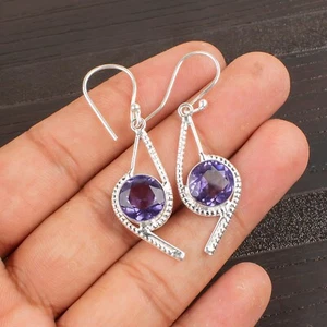 Dainty Iolite Gemstone Hook Earrings 925 Sterling Silver Handmade Jewelry Gifts - Picture 1 of 5