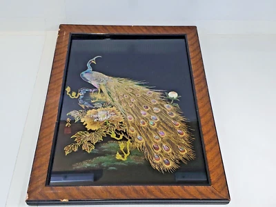 Madreperla asiática enmarcada e incrustación de lámina de oro pavo real bajo vidrio 17x12 Foto 1 de 4