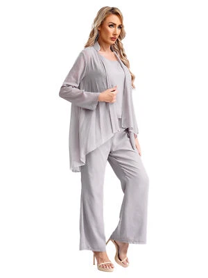 Women Dressy Pant Suit Wedding Guest Outfits Chiffon Formal Evening Party Set - Image 1 of 4