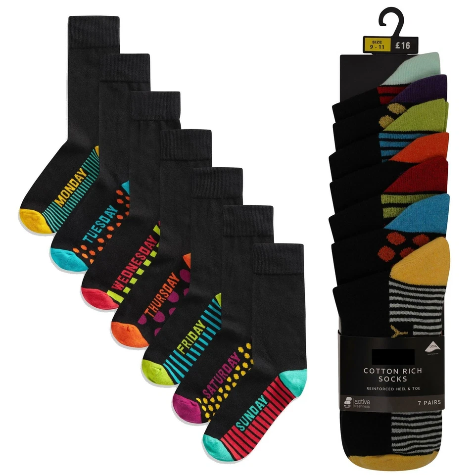 Herren 7er-Pack Ex Store Baumwolle reichhaltig Wochentag Farbe Absatz & Zehe schwarze Socken 9-11  - Bild 1 von 1