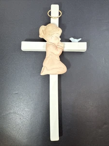 Lefton Trademark Hand Painted 1985 Girl Pink Dress Praying Cross Blue Bird - Picture 1 of 8