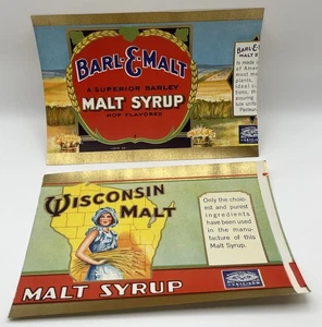 Vintage Malt Syrup Labels Lot (2) Wisconsin Malt & Barl-E-Malt - Unused NOS - Picture 1 of 5