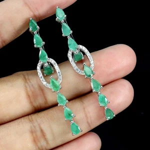925 Sterling Silver Earrings Pear Emerald 5x3mm Natural Gemstone Jewelry - Picture 1 of 13