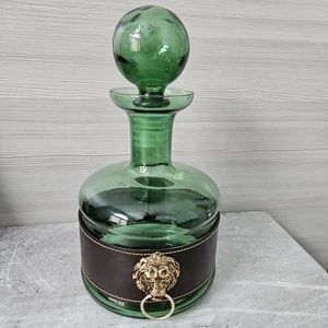 Vintage MCM Italienische Karaffe Grün Glas Lederband Gold Löwenkopf Barware - Bild 1 von 16