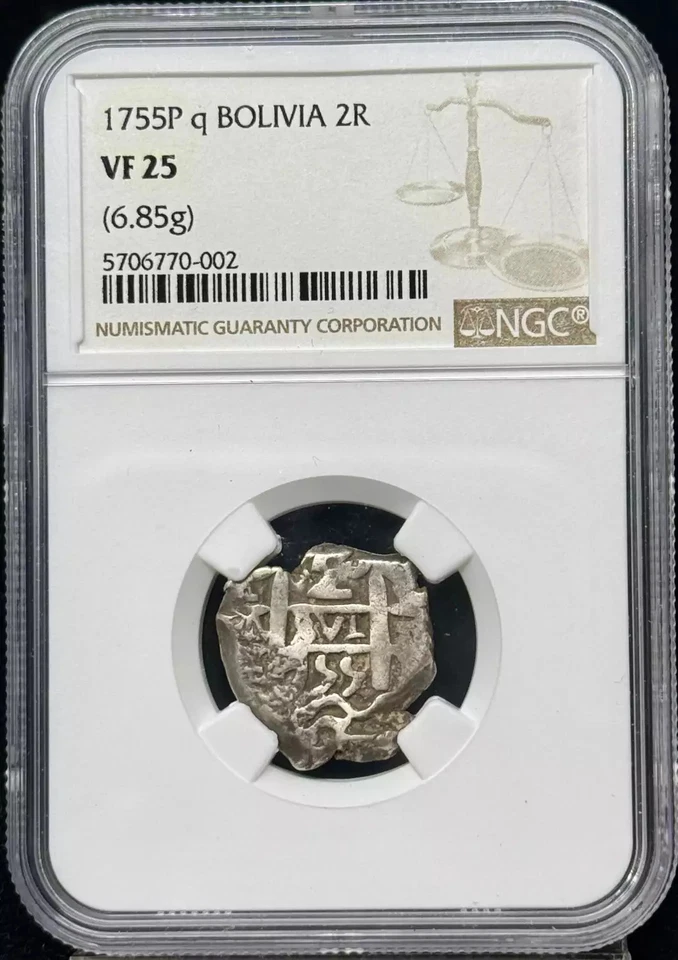 1755 P q BOLIVIA Silver 2 REALES NGC VF-25 - Image 1 of 2