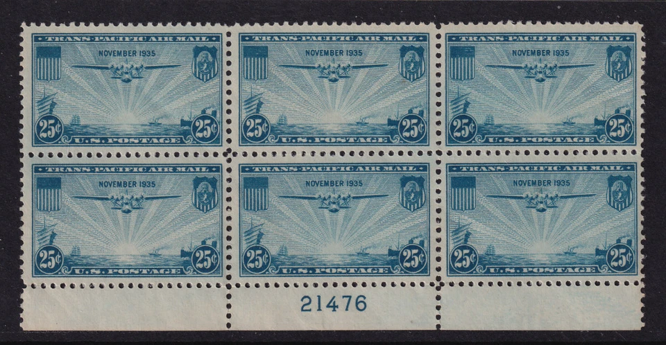 1935 Trans Pacific 25c blue Sc C20 MNH plate block of 6 Durland CV $30 (B - Image 1 of 1