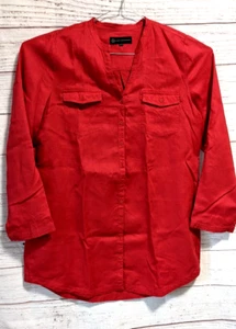 100% Linen Lady Hathaway Women Tunic Blouse Blazer  Red Button Up Roll Up SizeXL - Imagen 1 de 9