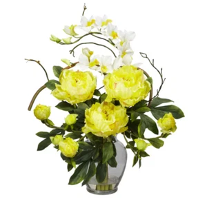Peony & Orchid Silk Flower Arrangement Decor Glass Vase Yellow - Picture 1 of 1