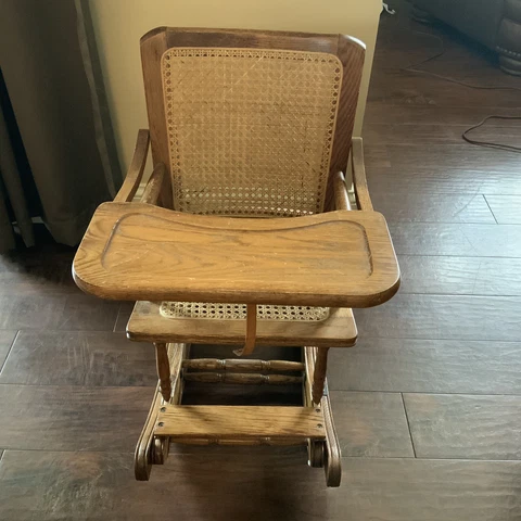 CHILD'S ANTIQUE HIGH CHAIR /ROCKER OAK W/ CANE SEAT -HAND CRANK Cover