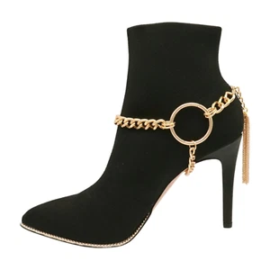 Women Gold Chain Boot Bracelet Shoe Circle Under Charm Tassel Fringe Wrap Around - Picture 1 of 24