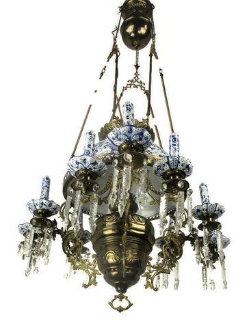Antique Delft Blue White Porcelain Brass Chandelier Dutch 1 Light Exquisite Cover