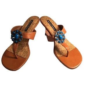 Michael Antonio Brown Thong Sandal Heels Shoes Teal Gold Jewelry Embellishment - Picture 1 of 24