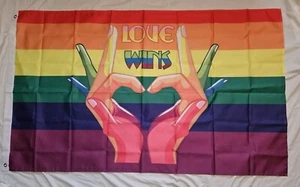 Love Is Love Rainbow Striped Pride Woven Nylon Flag Banner 3X5 Hand Heart  NEW - Foto 1 di 2