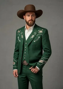 Men Green 3Pc Bespoke Floral Embroidered Nudie Western cowboy Cocktail Outfit - Picture 1 of 8