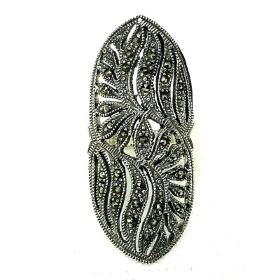 (SIZE 6,7) Huge Elongated MARCASITE RING Floral Filigree .925 STERLING SILVER - Image 1 of 3