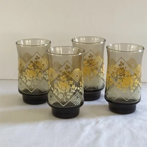 Vintage Anchor Hocking Trinkgläser rauchbraun gelb Blumen 4er Set - Bild 1 von 5