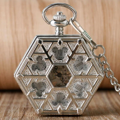Vintage Snowflake Hexagon Shape Hand Winding Mechanical Pocket Watch FOB Chain - Image 1 of 4
