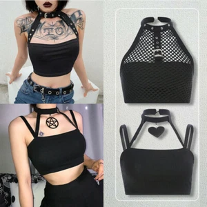 Women Gothic Fishnet Camisole Halter Neck Choker Crop Top Punk Cocktail Clubwear - Picture 1 of 21