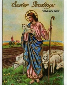 *Religious Postcard-"Easter Greetings...Jesus With Sheep"  {RB15-S1} - Picture 1 of 2