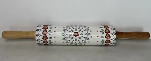 Ceramic Rolling Pin Floral Pattern, Blue Green Red Yellow On White, Wood Handles - Picture 1 of 21